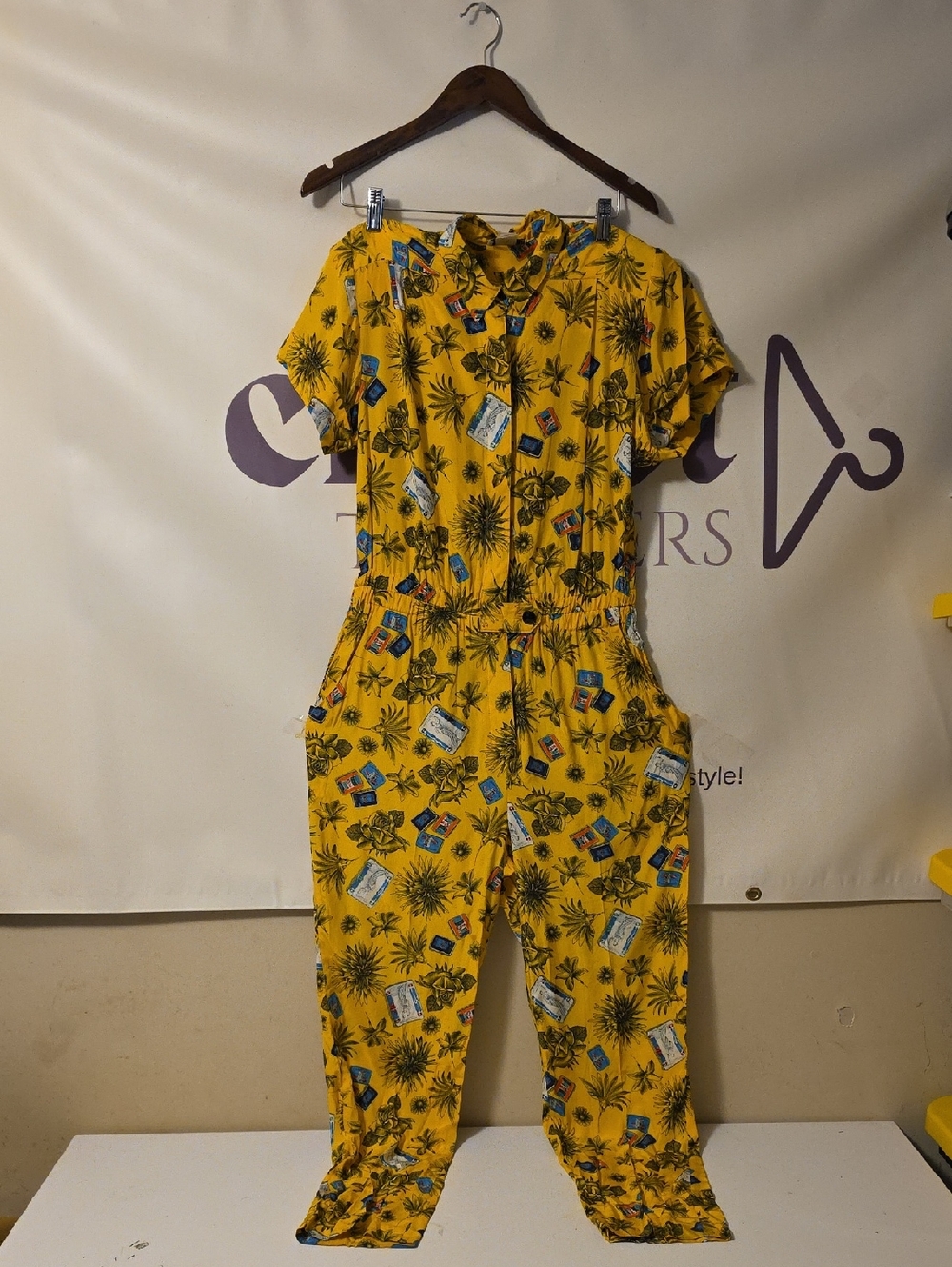 vintage 1980s Yellow Tropical Print Short-Sleeve Jumpsuit